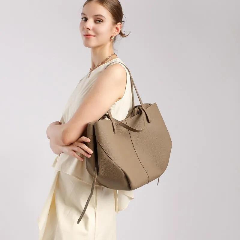 Genuine Leather Tote Bag with Zipper Pouch, Minimalist Shopper and Work Shoulder Bag