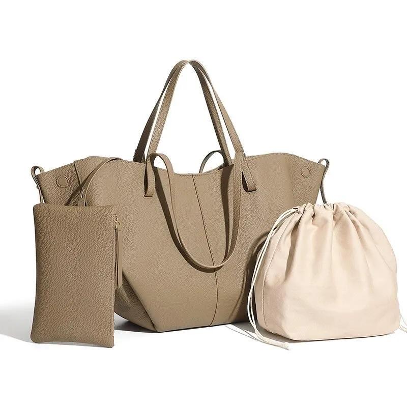 Genuine Leather Tote Bag with Zipper Pouch, Minimalist Shopper and Work Shoulder Bag