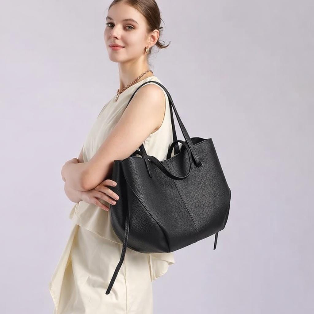Genuine Leather Tote Bag with Zipper Pouch, Minimalist Shopper and Work Shoulder Bag