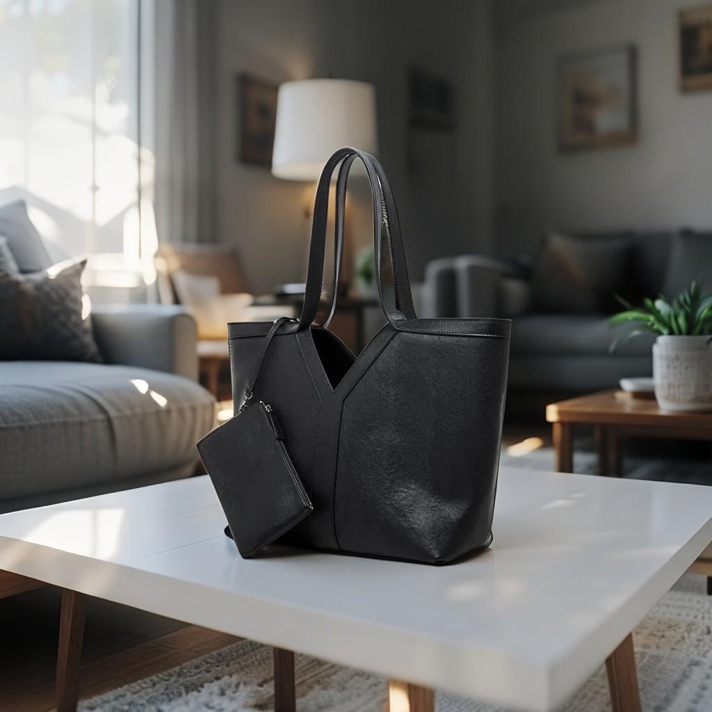 Genuine Cowhide Leather Tote Bag, Minimalist Work Shoulder Bag with Pouch