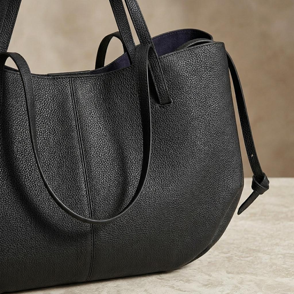 Genuine Leather Tote Bag with Zipper Pouch, Minimalist Shopper and Work Shoulder Bag