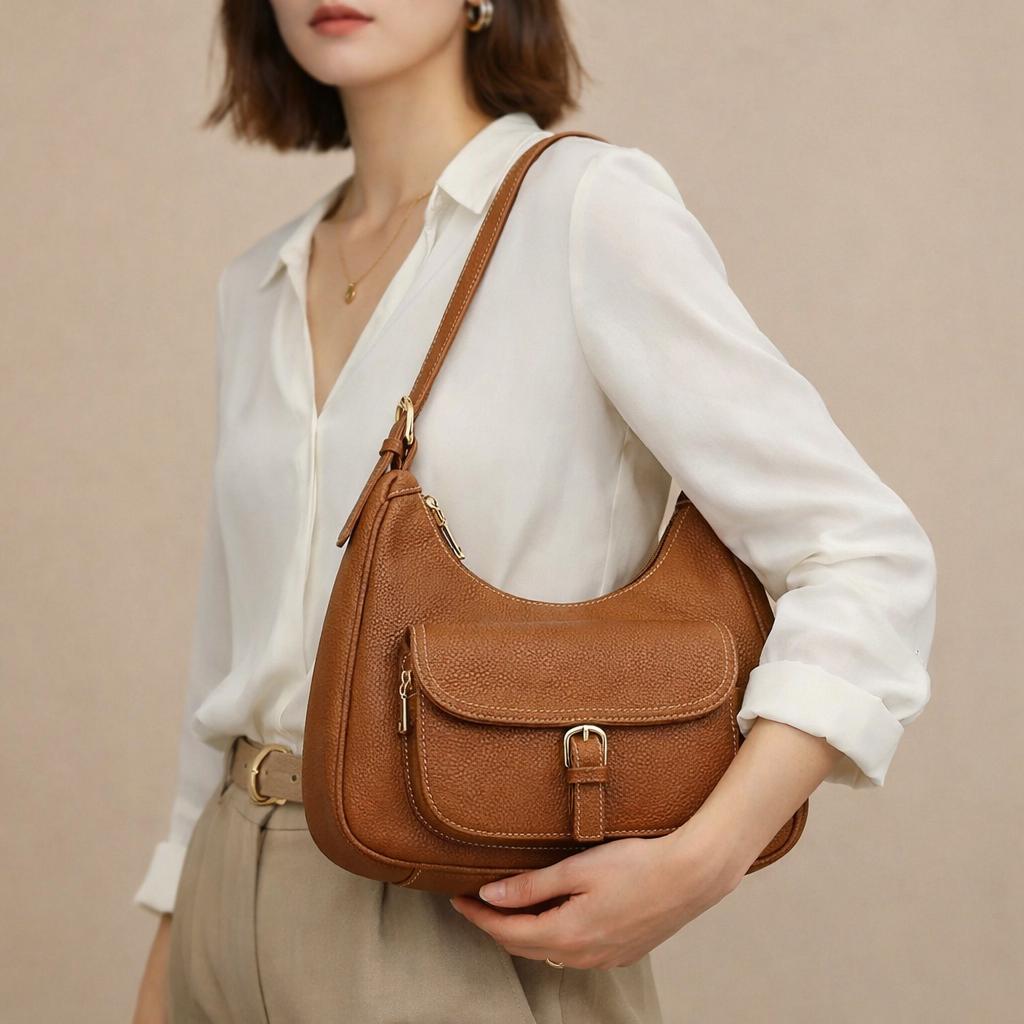 Genuine Leather Hobo Shoulder Bag, Soft Slouchy Leather Handbag with Front Pockek