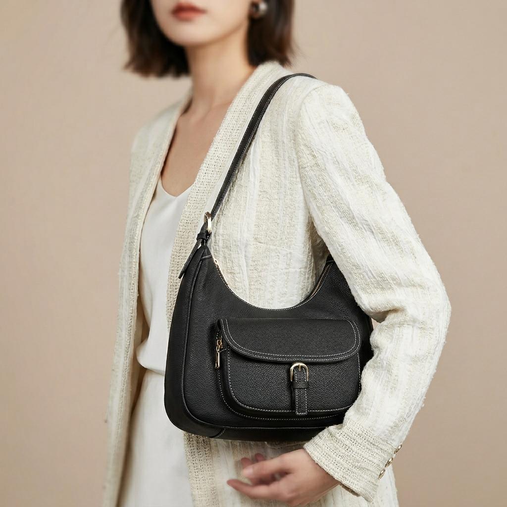 Genuine Leather Hobo Shoulder Bag, Soft Slouchy Leather Handbag with Front Pockek