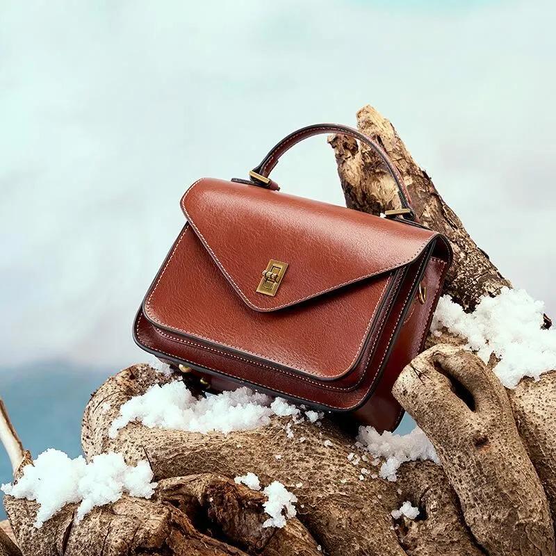 Genuine Leather Crossbody Bag, Structured Vintage Style Handbag, Minimal Shoulder Purse
