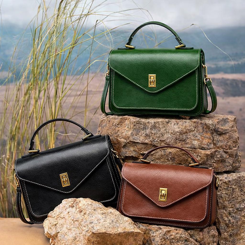 Genuine Leather Crossbody Bag, Structured Vintage Style Handbag, Minimal Shoulder Purse