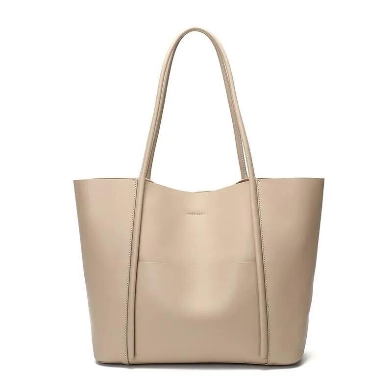 Genuine Leather Minimalist Tote Bag with Removable Pouch, Large Work Shoulder Bag