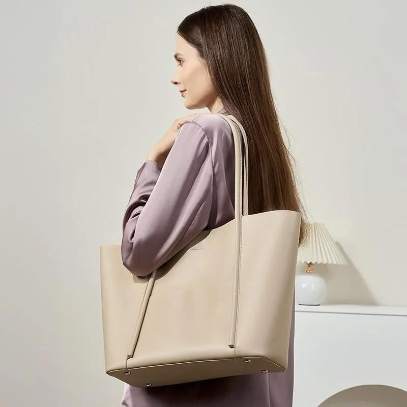 Genuine Leather Minimalist Tote Bag with Removable Pouch, Large Work Shoulder Bag