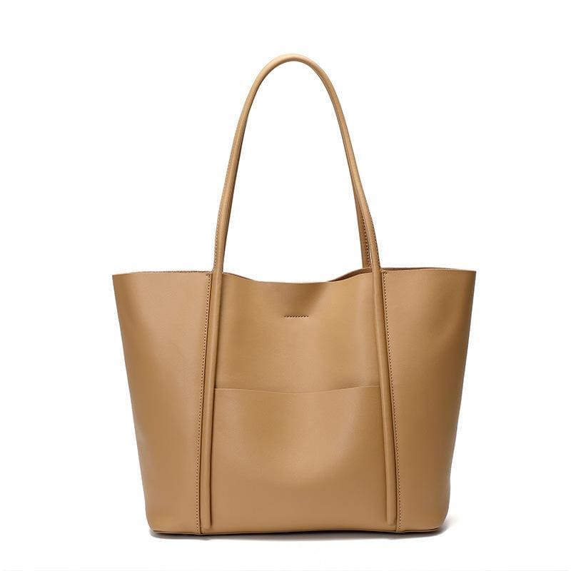 Genuine Leather Minimalist Tote Bag with Removable Pouch, Large Work Shoulder Bag