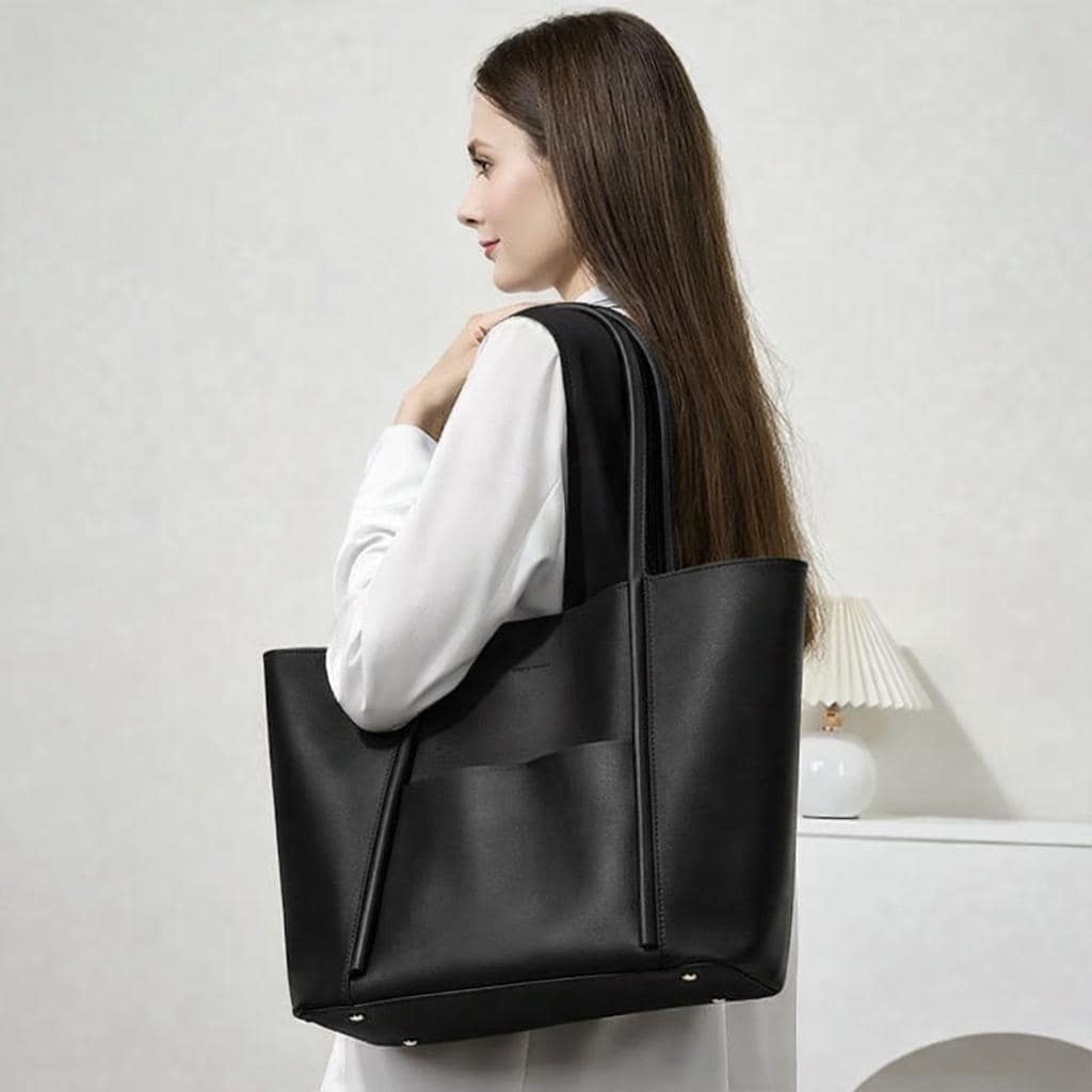Genuine Leather Minimalist Tote Bag with Removable Pouch, Large Work Shoulder Bag