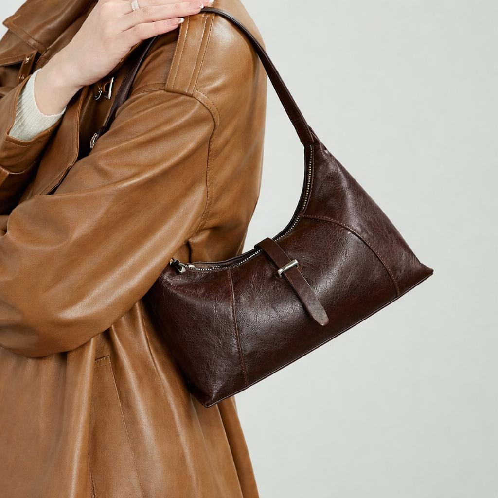 Genuine Leather Hobo Shoulder Bag, Minimalist Slouch Handbag for Women