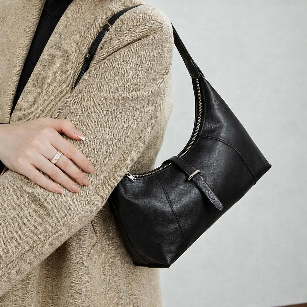 Genuine Leather Hobo Shoulder Bag, Minimalist Slouch Handbag for Women