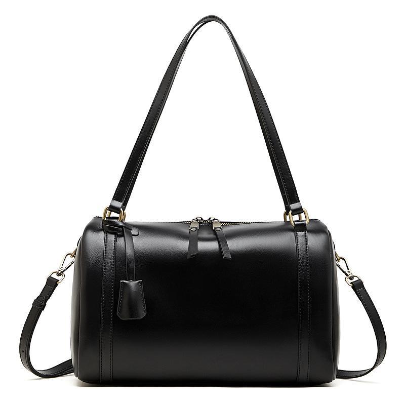 Genuine Leather Medium Duffel Bag for Women, Cylinder Shoulder Bag with Crossbody Strap
