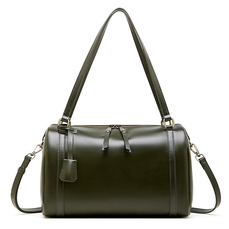 Genuine Leather Medium Duffel Bag for Women, Cylinder Shoulder Bag with Crossbody Strap