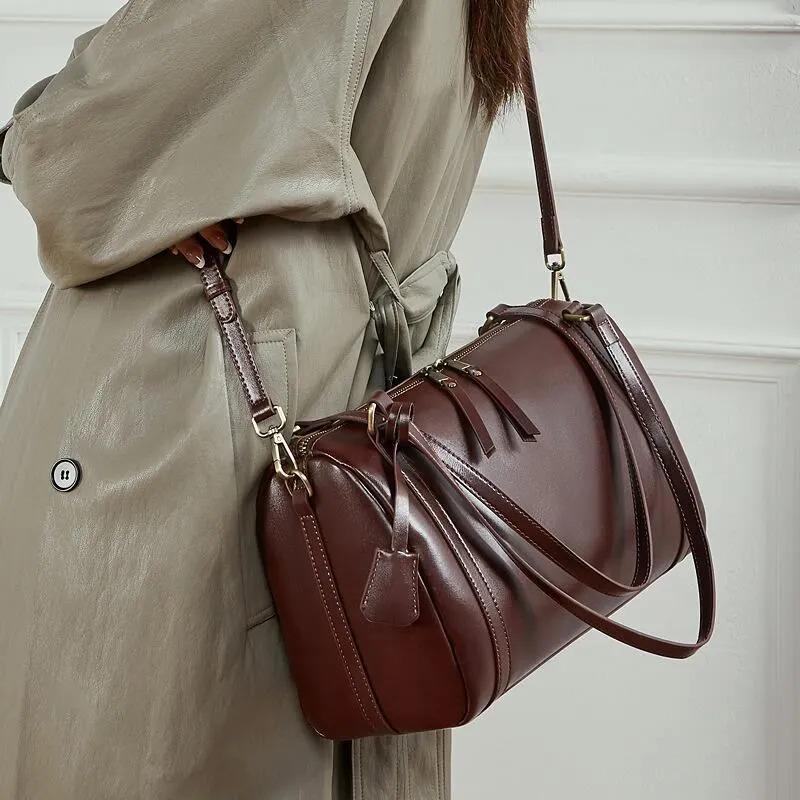 Genuine Leather Medium Duffel Bag for Women, Cylinder Shoulder Bag with Crossbody Strap