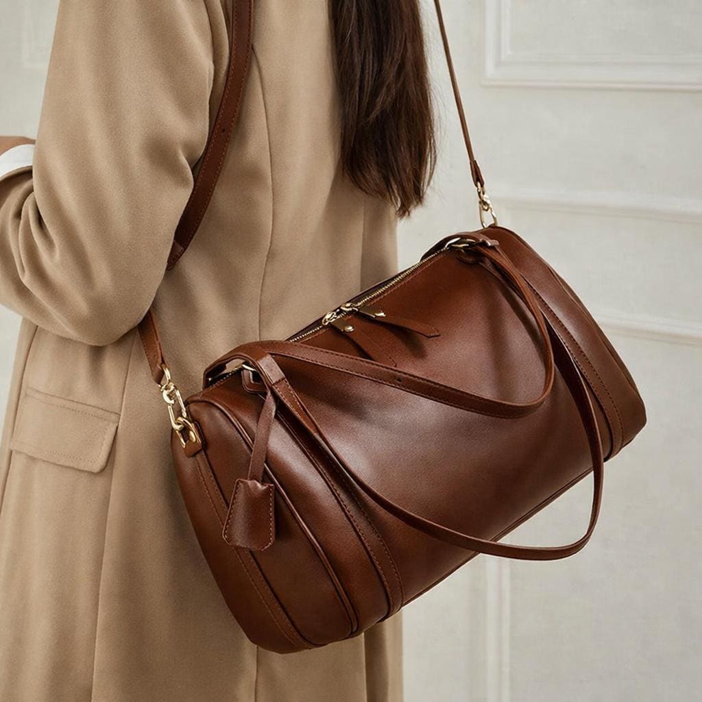 Genuine Leather Medium Duffel Bag for Women, Cylinder Shoulder Bag with Crossbody Strap