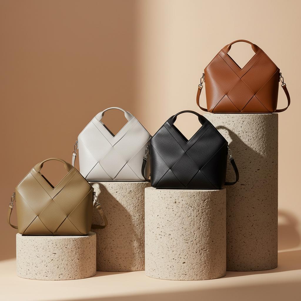 Geometric Woven Genuine Leather Bag,Top handle with Crossbody Strap