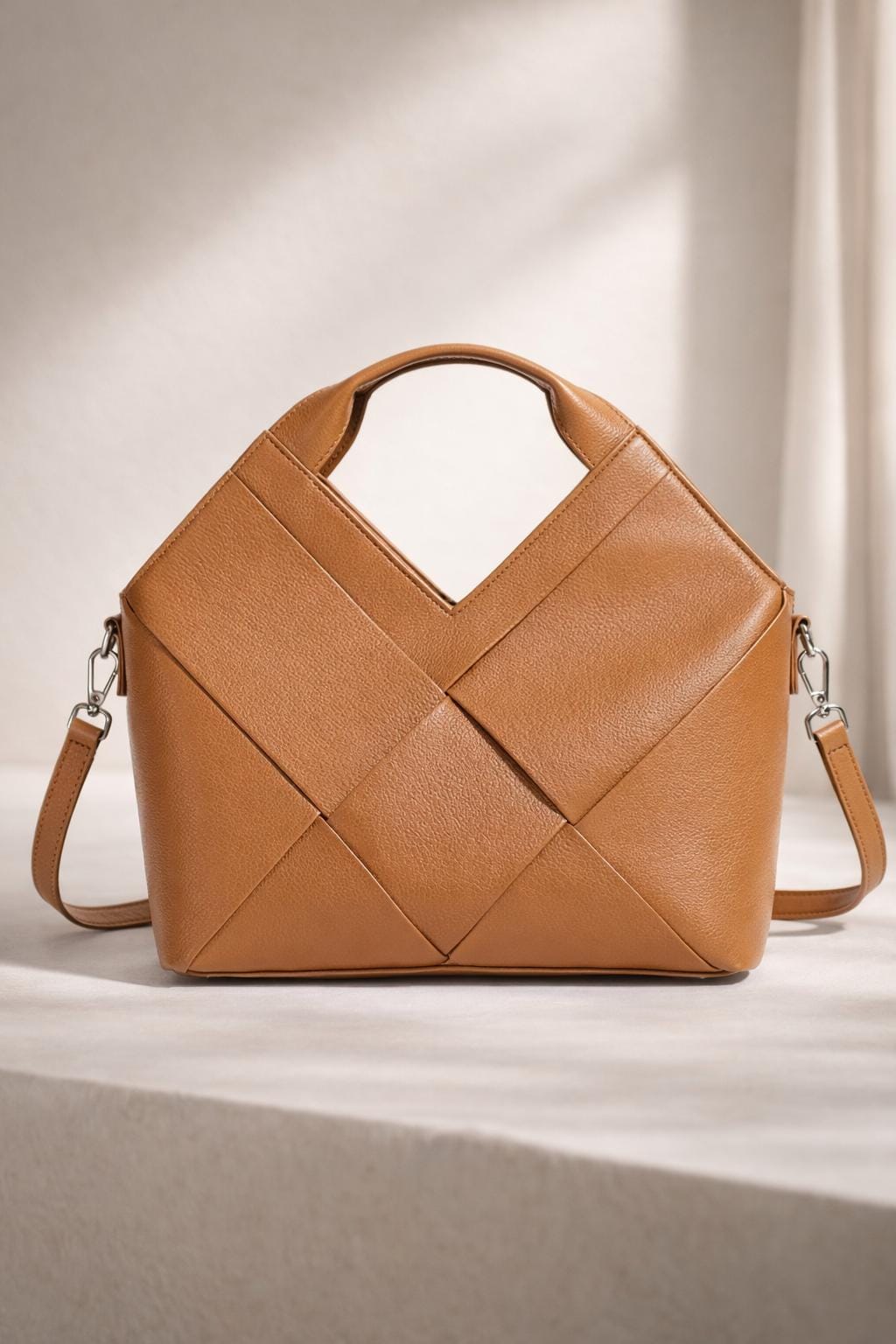 Geometric Woven Genuine Leather Bag,Top handle with Crossbody Strap