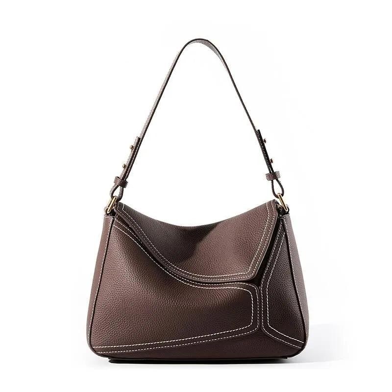 Genuine Leather Hobo Shoulder Bag, Stitch Detail, Minimalist Everyday Bag