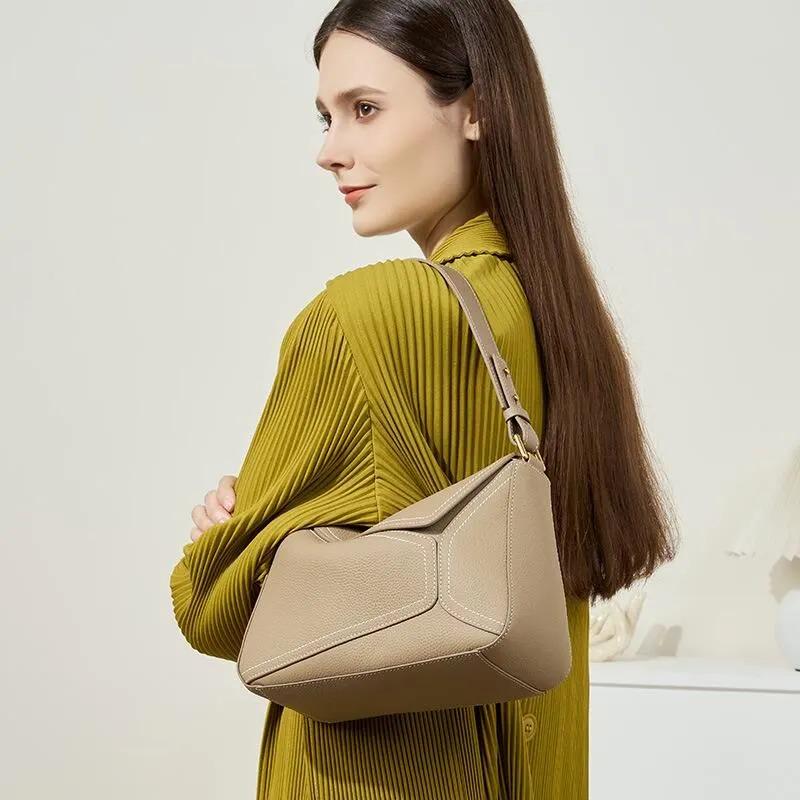 Genuine Leather Hobo Shoulder Bag, Stitch Detail, Minimalist Everyday Bag