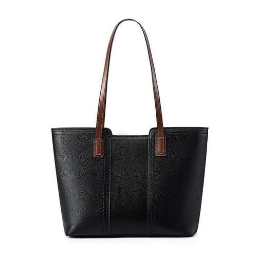 Minimalist Genuine Cowhide Leather Tote Bag, Contrast Handle Work Handbag