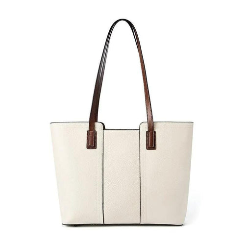 Minimalist Genuine Cowhide Leather Tote Bag, Contrast Handle Work Handbag