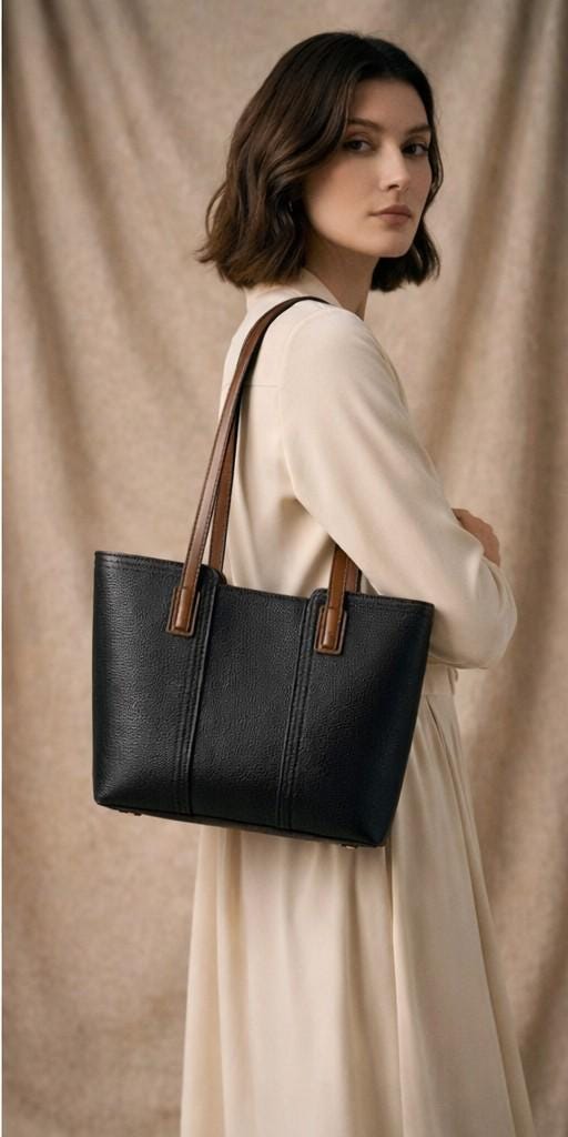 Minimalist Genuine Cowhide Leather Tote Bag, Contrast Handle Work Handbag