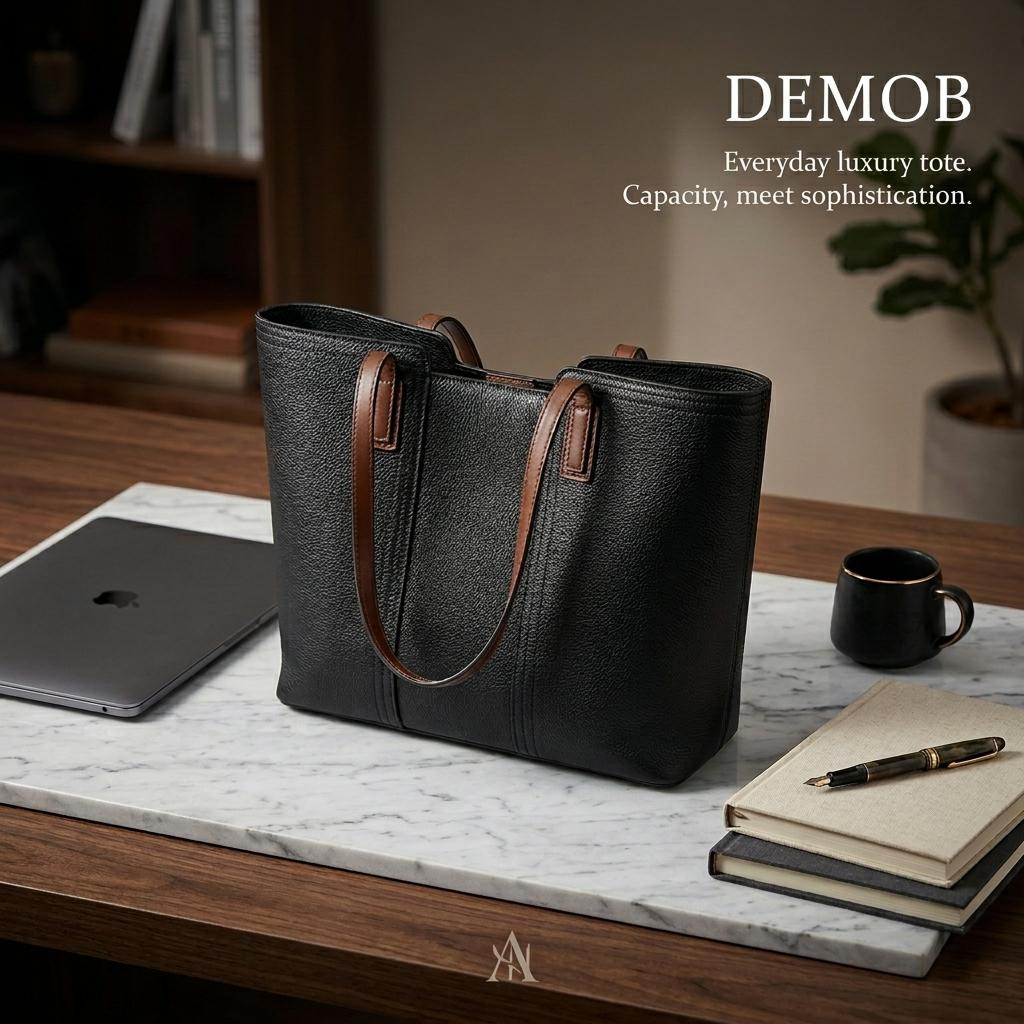 Minimalist Genuine Cowhide Leather Tote Bag, Contrast Handle Work Handbag