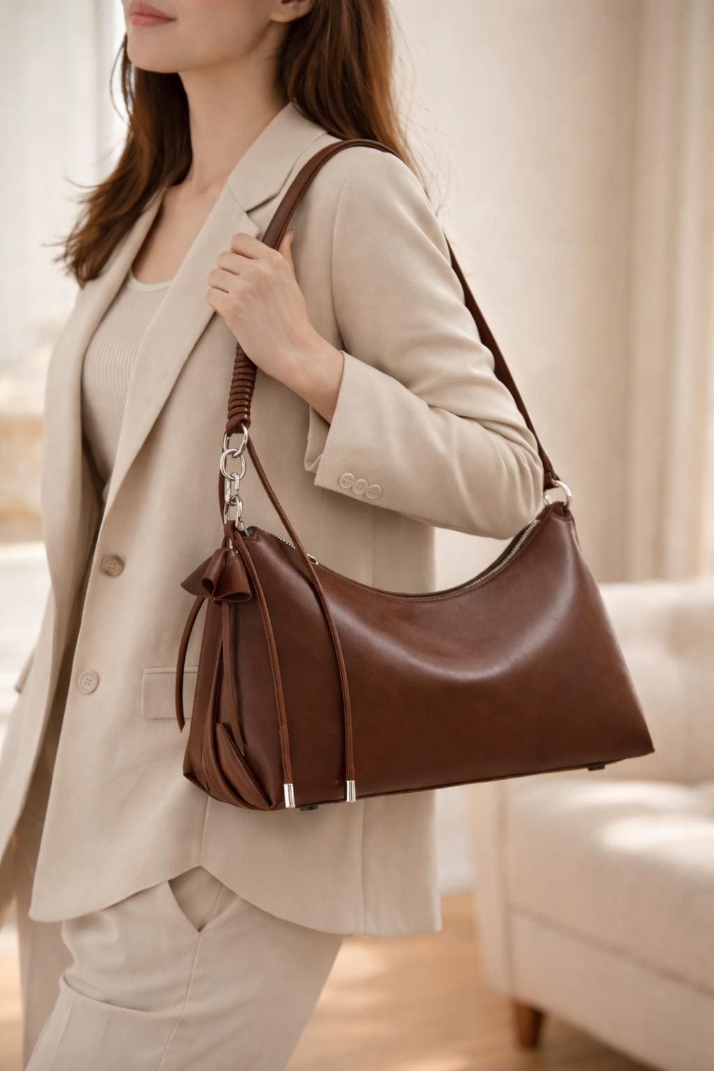 Hovo genuine Leather Shoulder Bag with Zipper, Soft,Elegant,Work, Casual Handbag