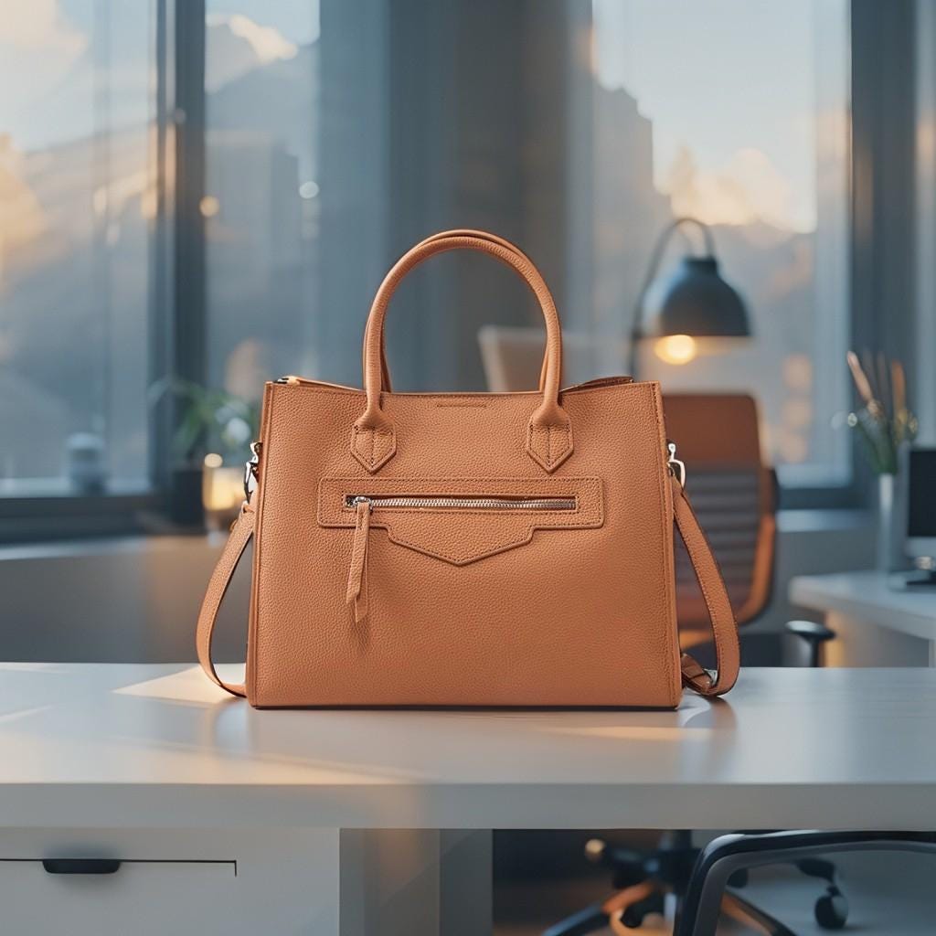 Genuine Leather Structured HandBag,Crossbody Strap Option, Large Capacity bag with Zipper Pocket
