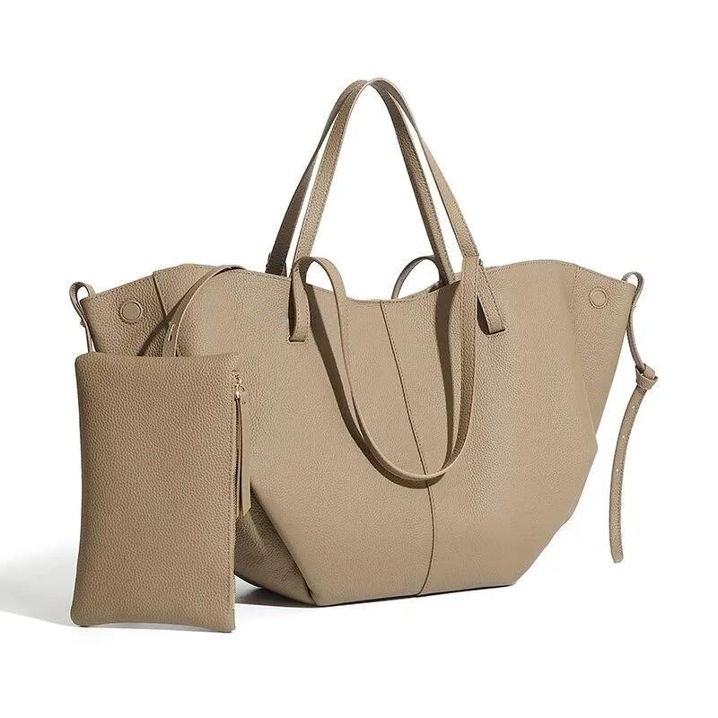 Genuine Leather Tote Bag with Zipper Pouch, Minimalist Shopper and Work Shoulder Bag