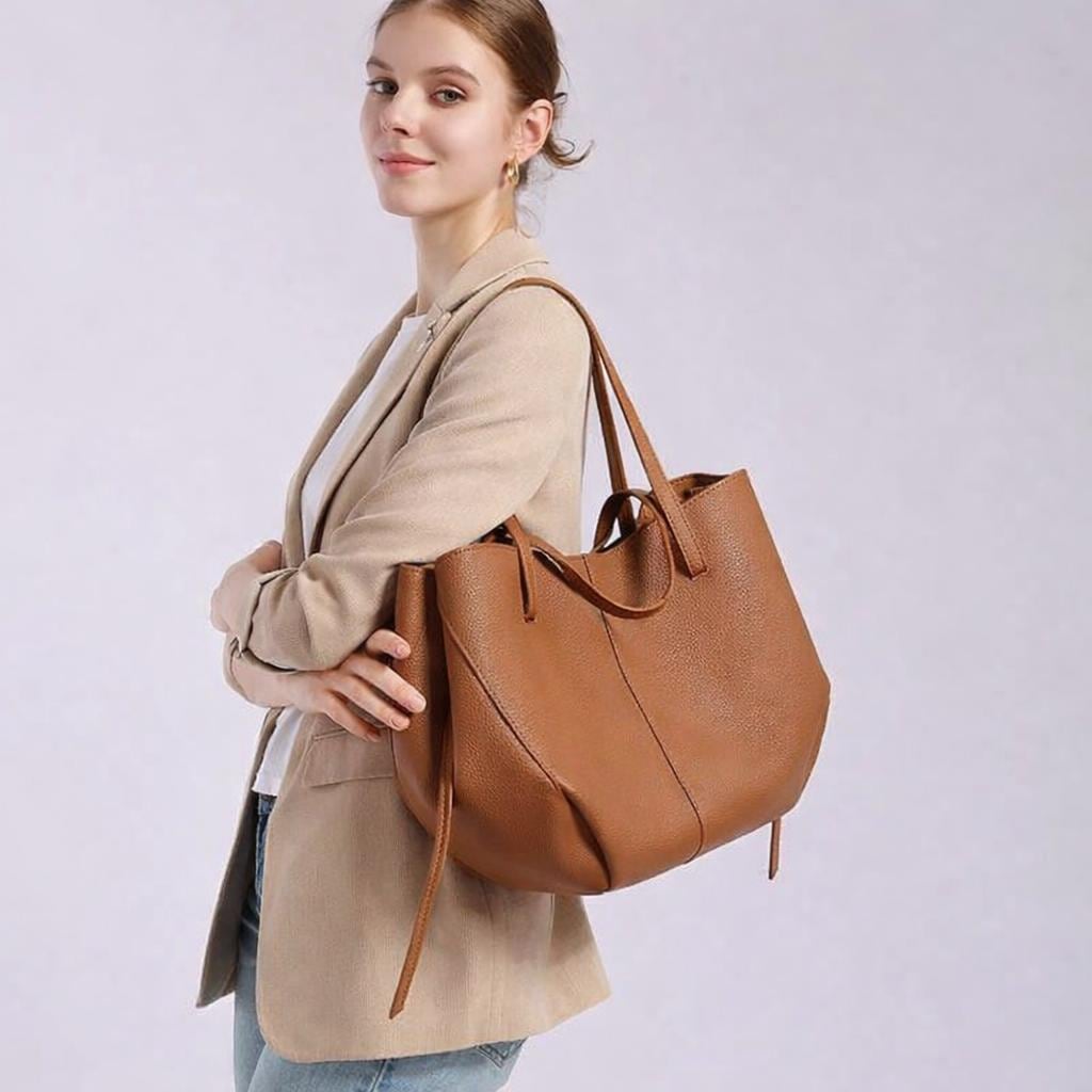 Genuine Leather Tote Bag with Zipper Pouch, Minimalist Shopper and Work Shoulder Bag