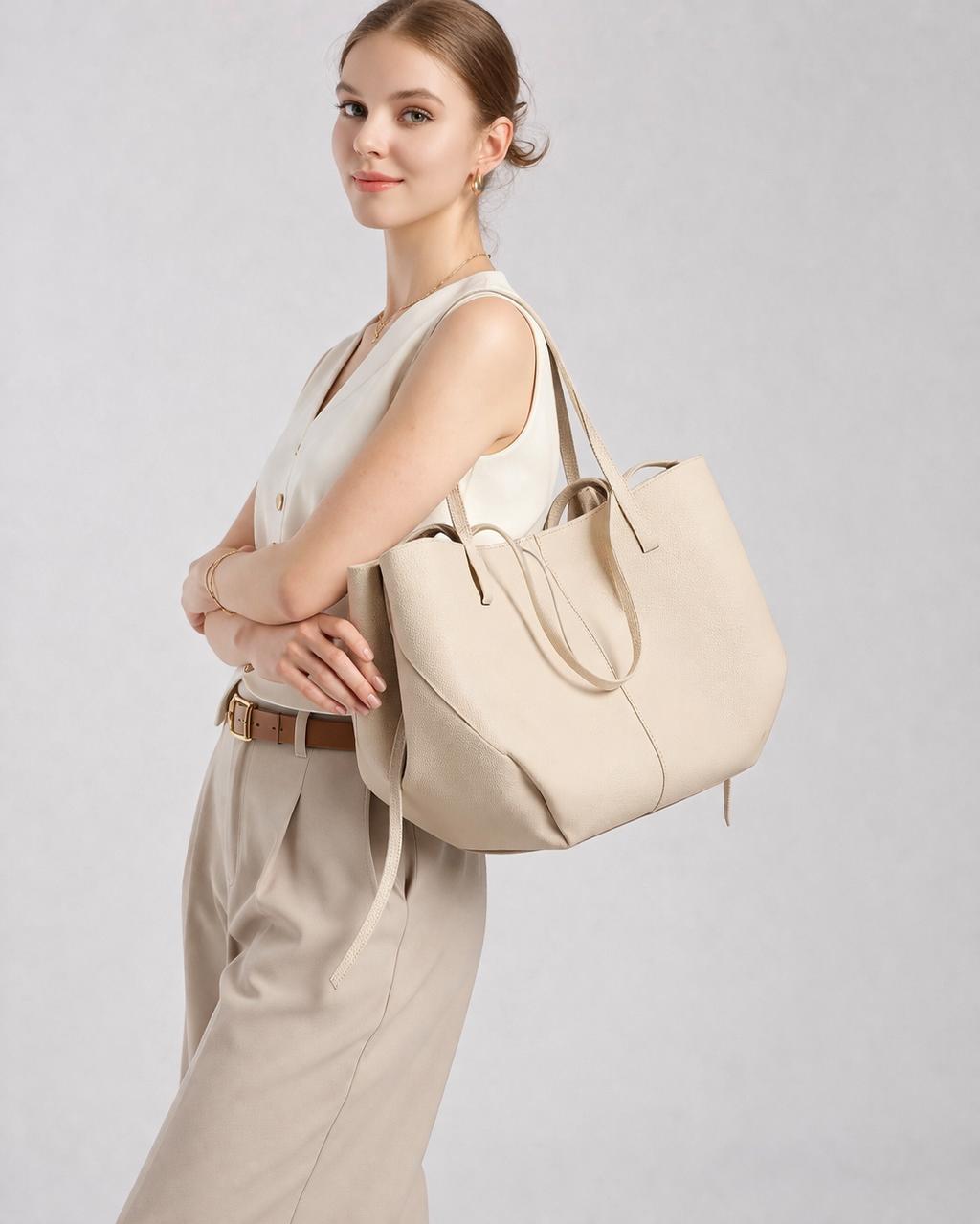 Genuine Leather Tote Bag with Zipper Pouch, Minimalist Shopper and Work Shoulder Bag