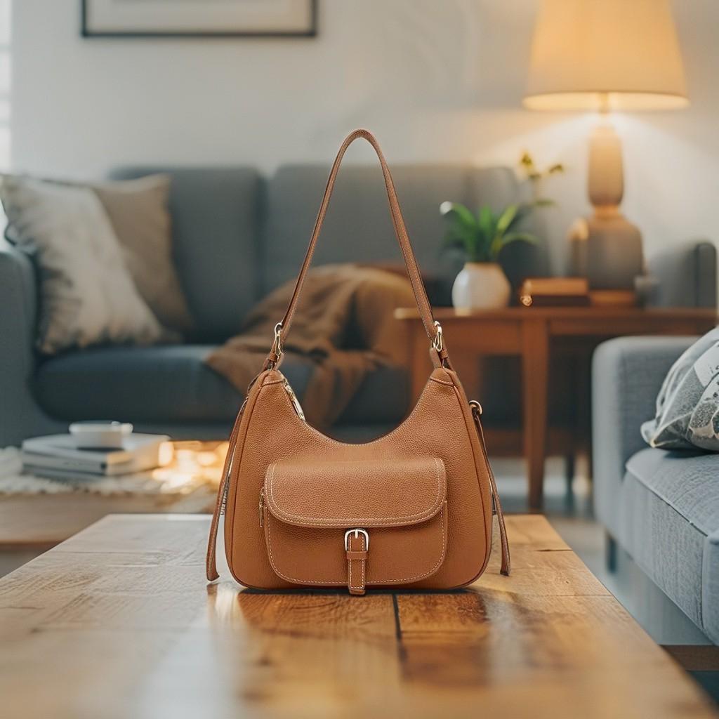 Genuine Leather Hobo Shoulder Bag, Soft Slouchy Leather Handbag with Front Pockek