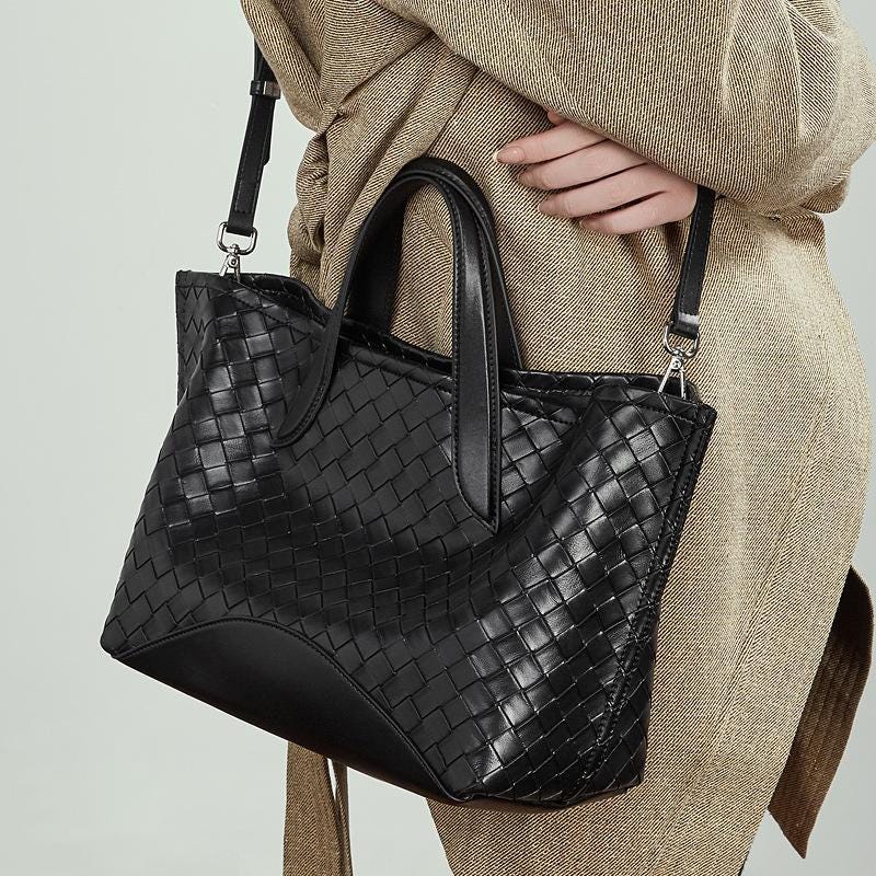 Woven Genuine Leather Tote Bag, Large Top Handle Shoulder Bag