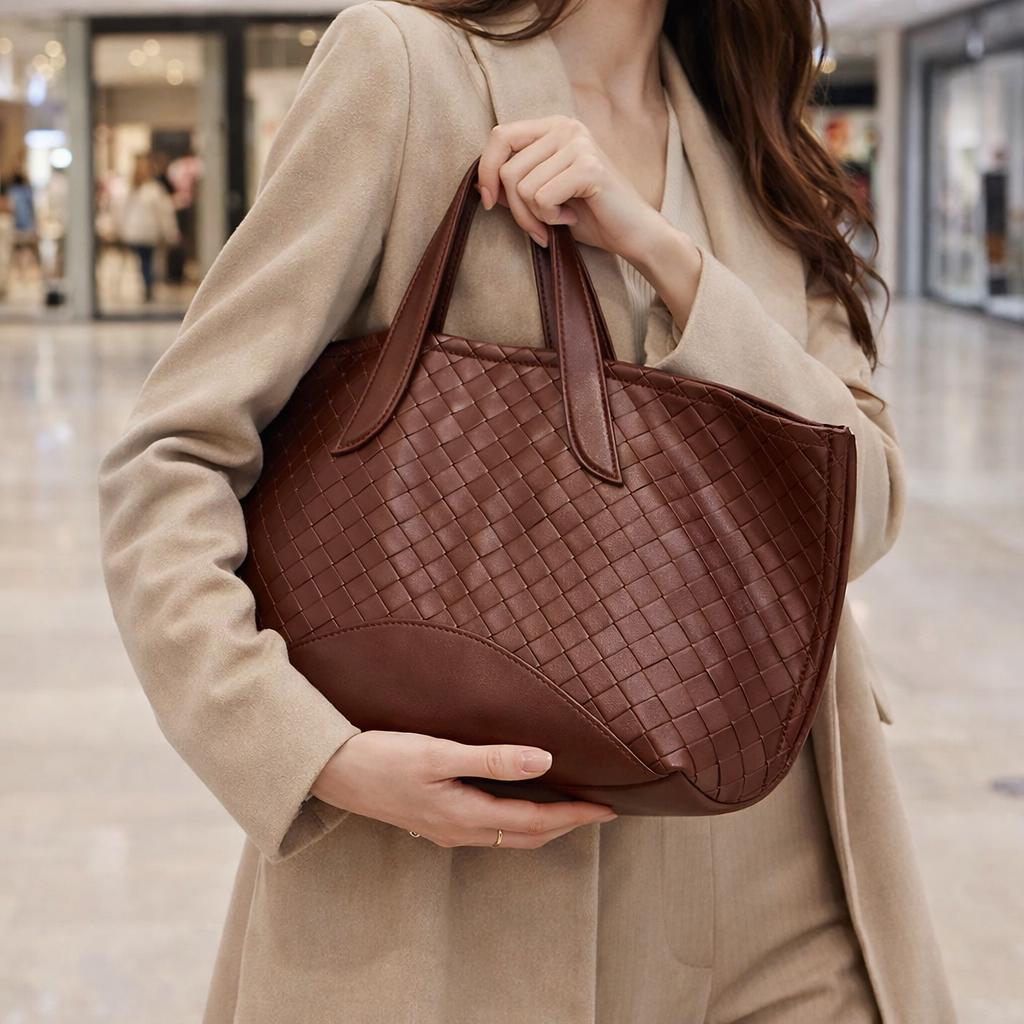 Woven Genuine Leather Tote Bag, Large Top Handle Shoulder Bag