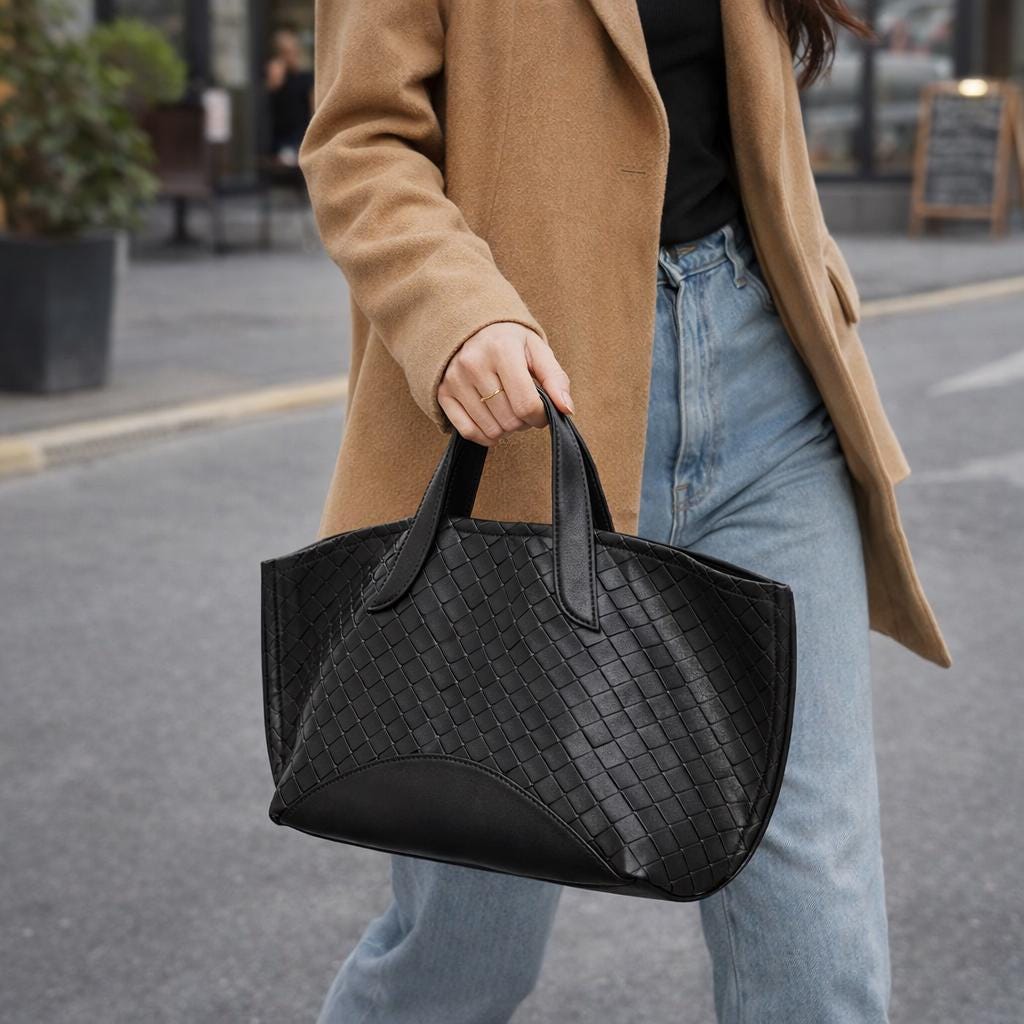Woven Genuine Leather Tote Bag, Large Top Handle Shoulder Bag