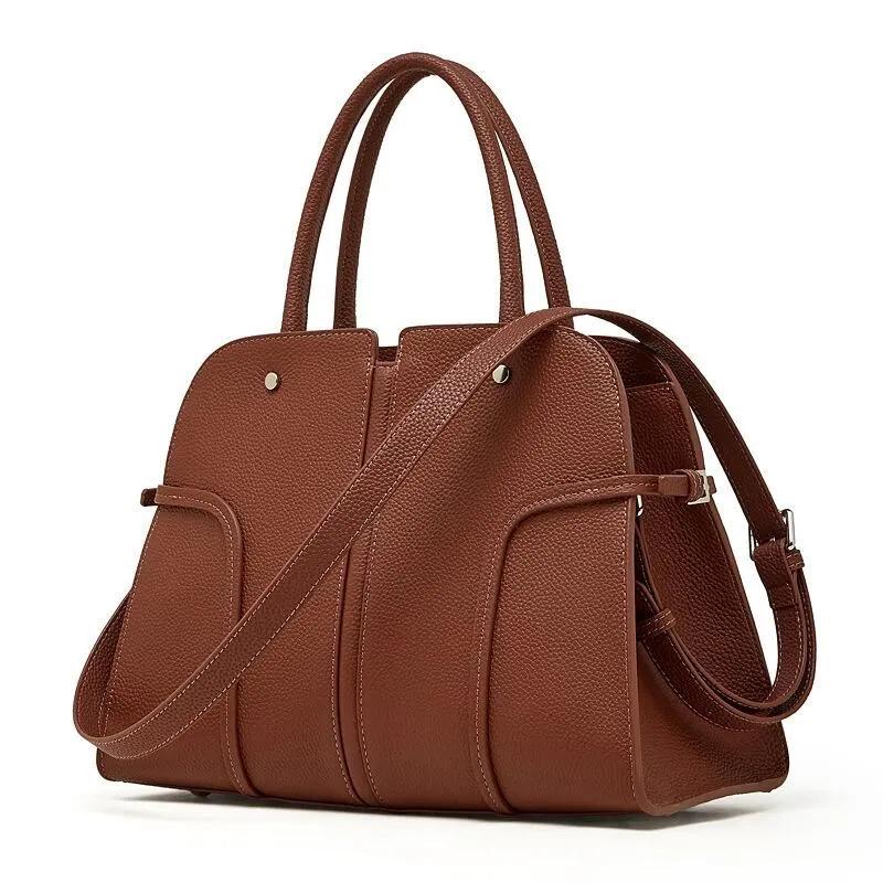 Genuine Leather Structured Handbag, Minimalist Top Handle Bag with Crossbody Strap