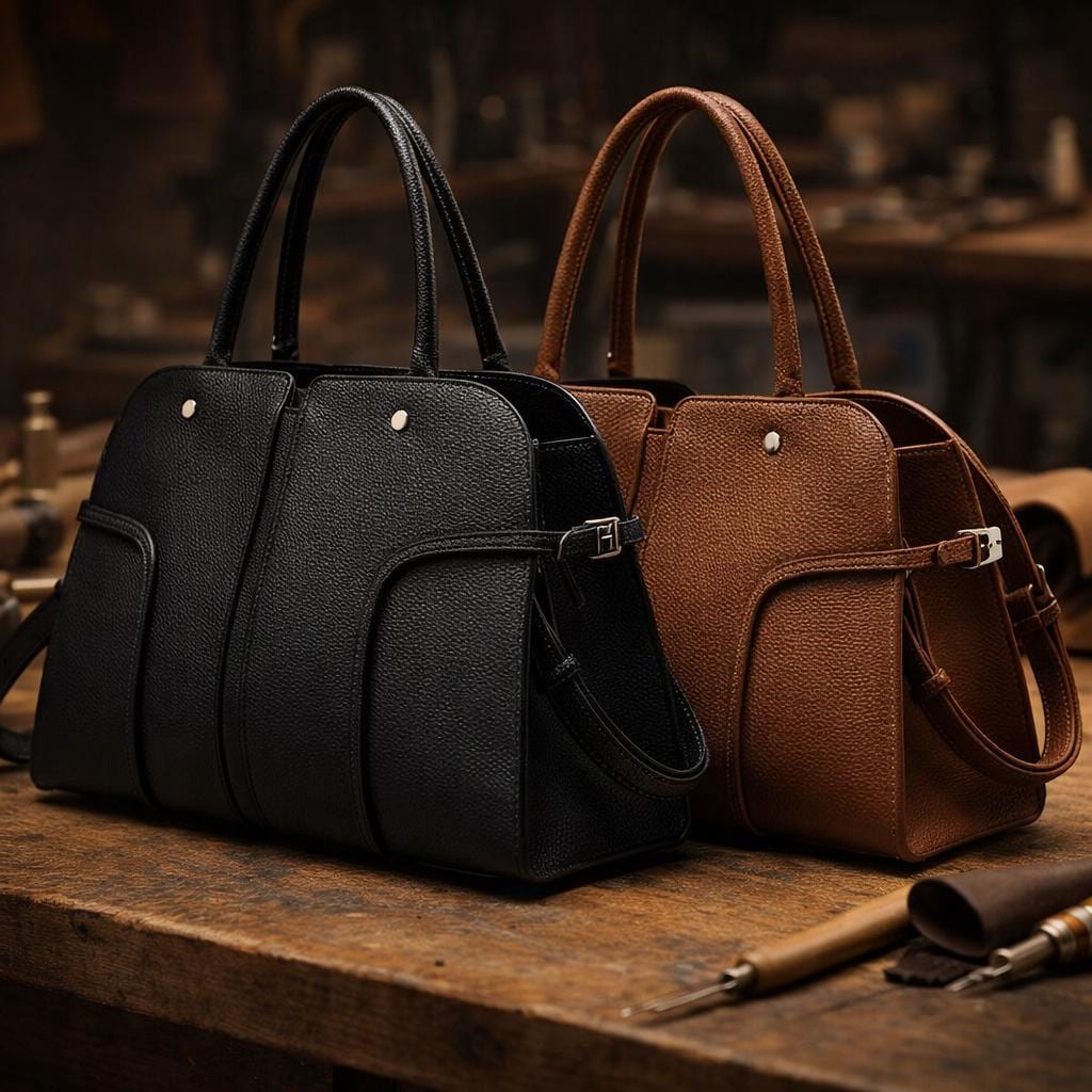 Genuine Leather Structured Handbag, Minimalist Top Handle Bag with Crossbody Strap