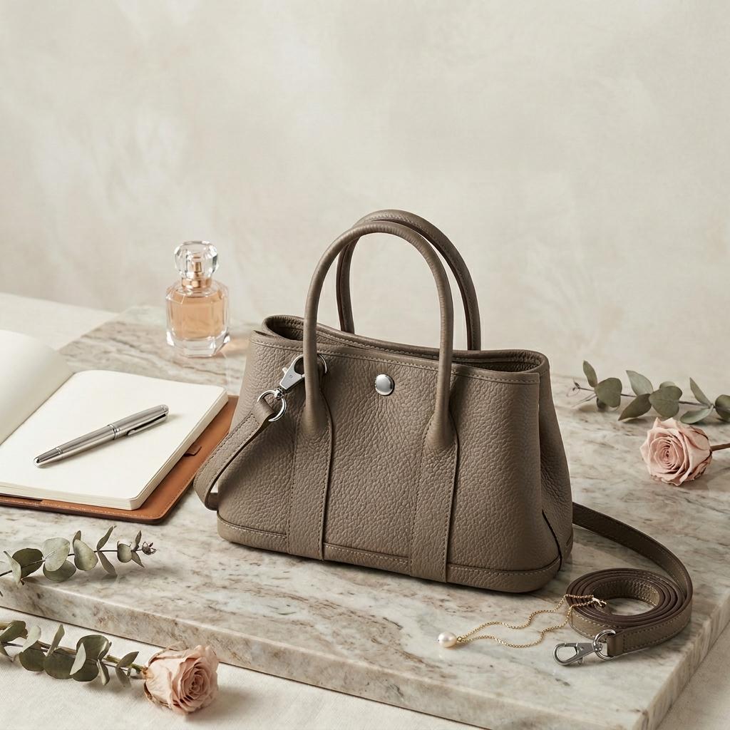 Small Pebbled Leather Handbag, Top Handle, Detachable Crossbody Strap