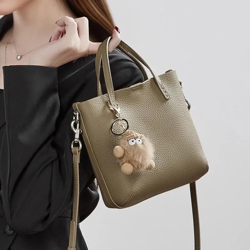 Minimalist Genuine Leather Crossbody bag, Structured Top Handle Bag with Mini Pouch