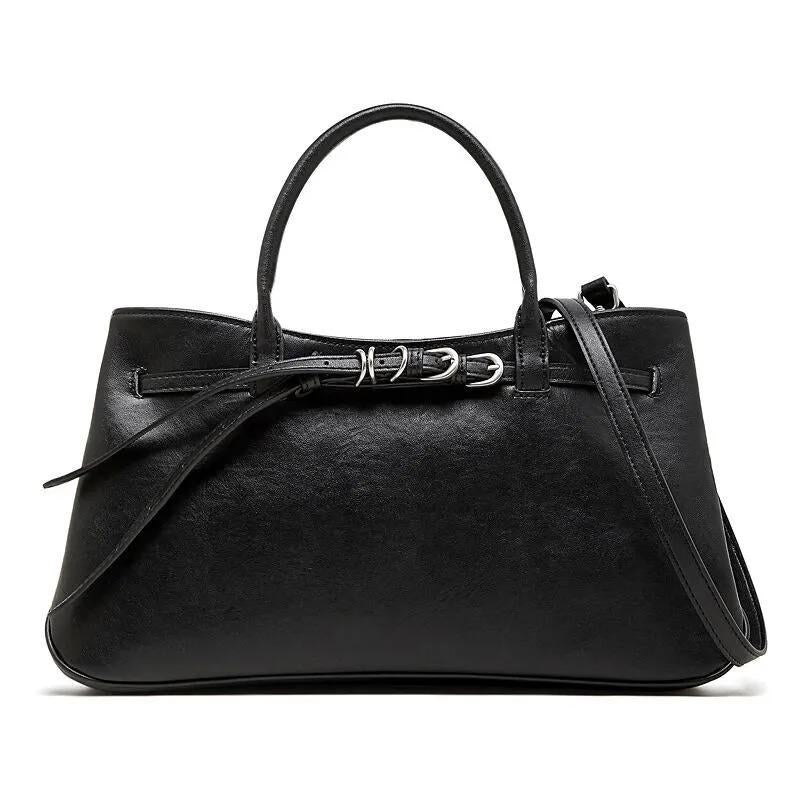 Genuine Leather Structured Handbag, Minimalist Top Handle Bag with Adjustable crossbody Strap