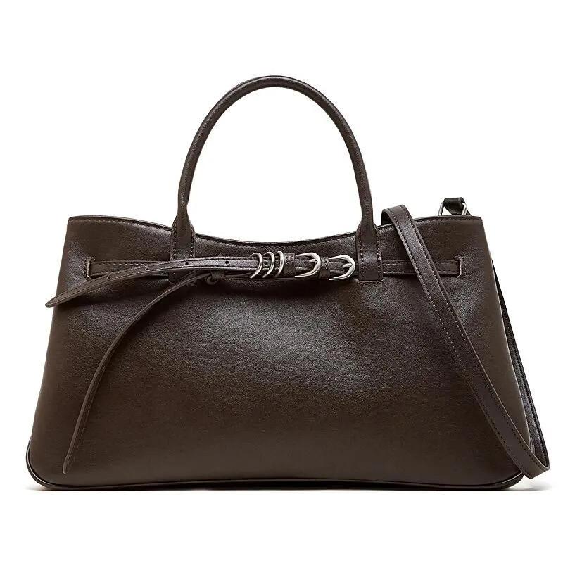 Genuine Leather Structured Handbag, Minimalist Top Handle Bag with Adjustable crossbody Strap