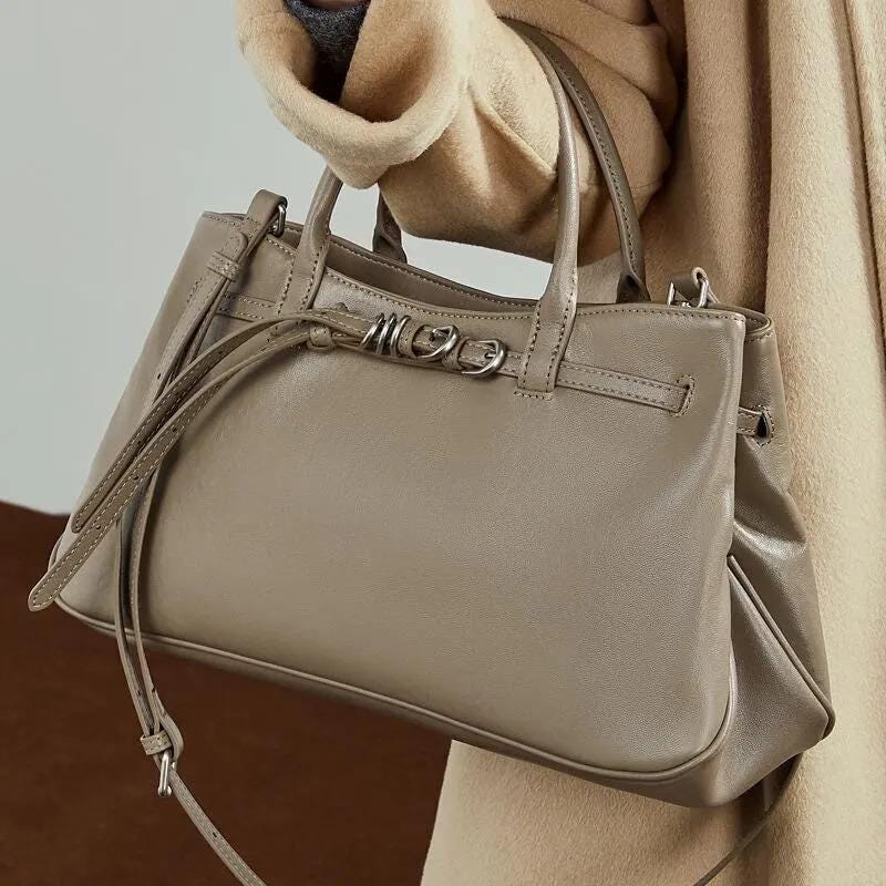Genuine Leather Structured Handbag, Minimalist Top Handle Bag with Adjustable crossbody Strap