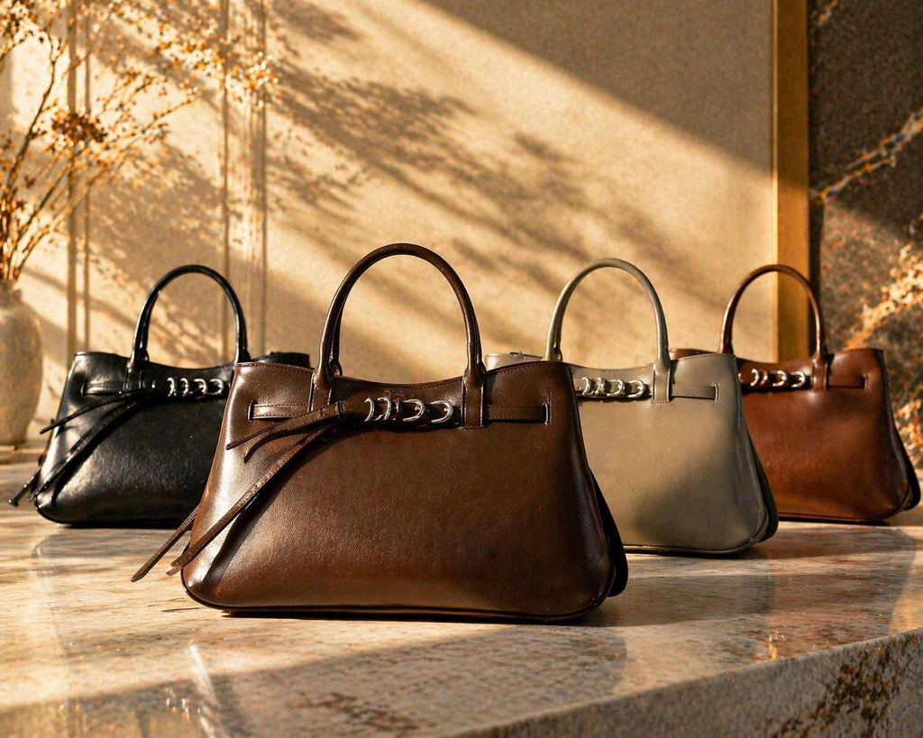 Genuine Leather Structured Handbag, Minimalist Top Handle Bag with Adjustable crossbody Strap