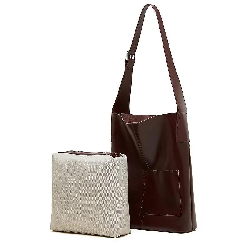 Soft Genuine Leather Tote Bag, Minimalist large Shoulder Bag with Inner Pouch