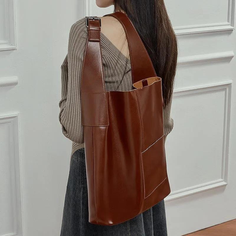 Soft Genuine Leather Tote Bag, Minimalist large Shoulder Bag with Inner Pouch