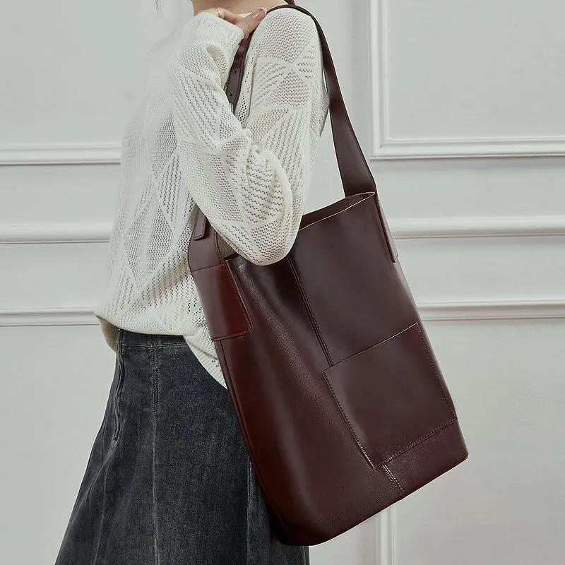 Soft Genuine Leather Tote Bag, Minimalist large Shoulder Bag with Inner Pouch