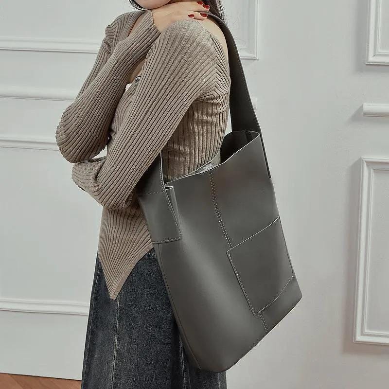 Soft Genuine Leather Tote Bag, Minimalist large Shoulder Bag with Inner Pouch
