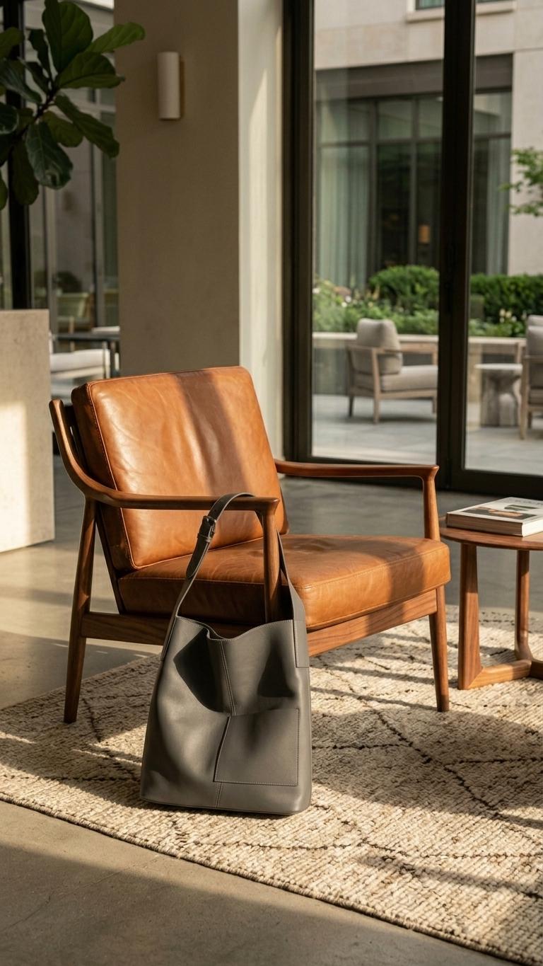 Soft Genuine Leather Tote Bag, Minimalist large Shoulder Bag with Inner Pouch