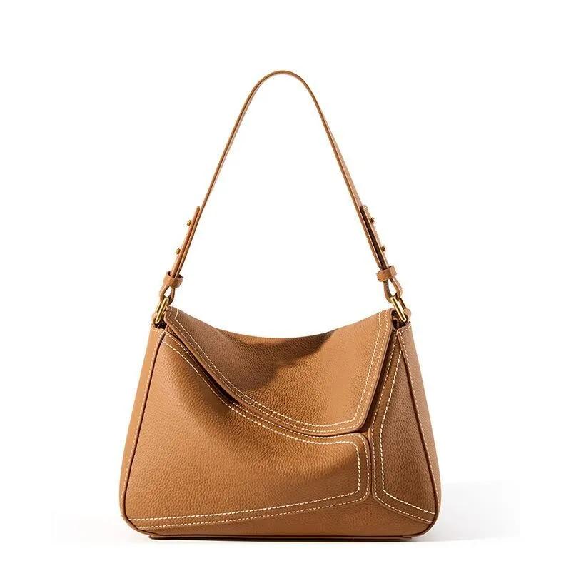 Genuine Leather Hobo Shoulder Bag, Stitch Detail, Minimalist Everyday Bag